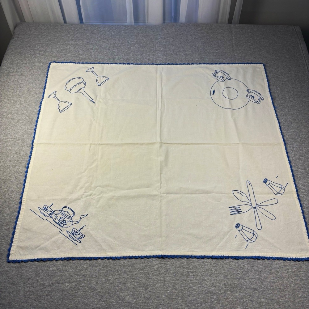 Vintage White Tablecloth 29X33 Embroidered Blue Scalloped Edge Hand Sewn Motifs